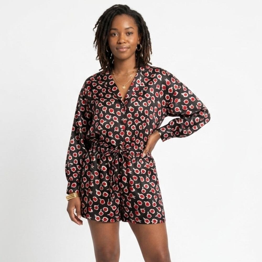 Muze New York Abstract Floral Silky Popover Top Shorts Set In Black Size Small